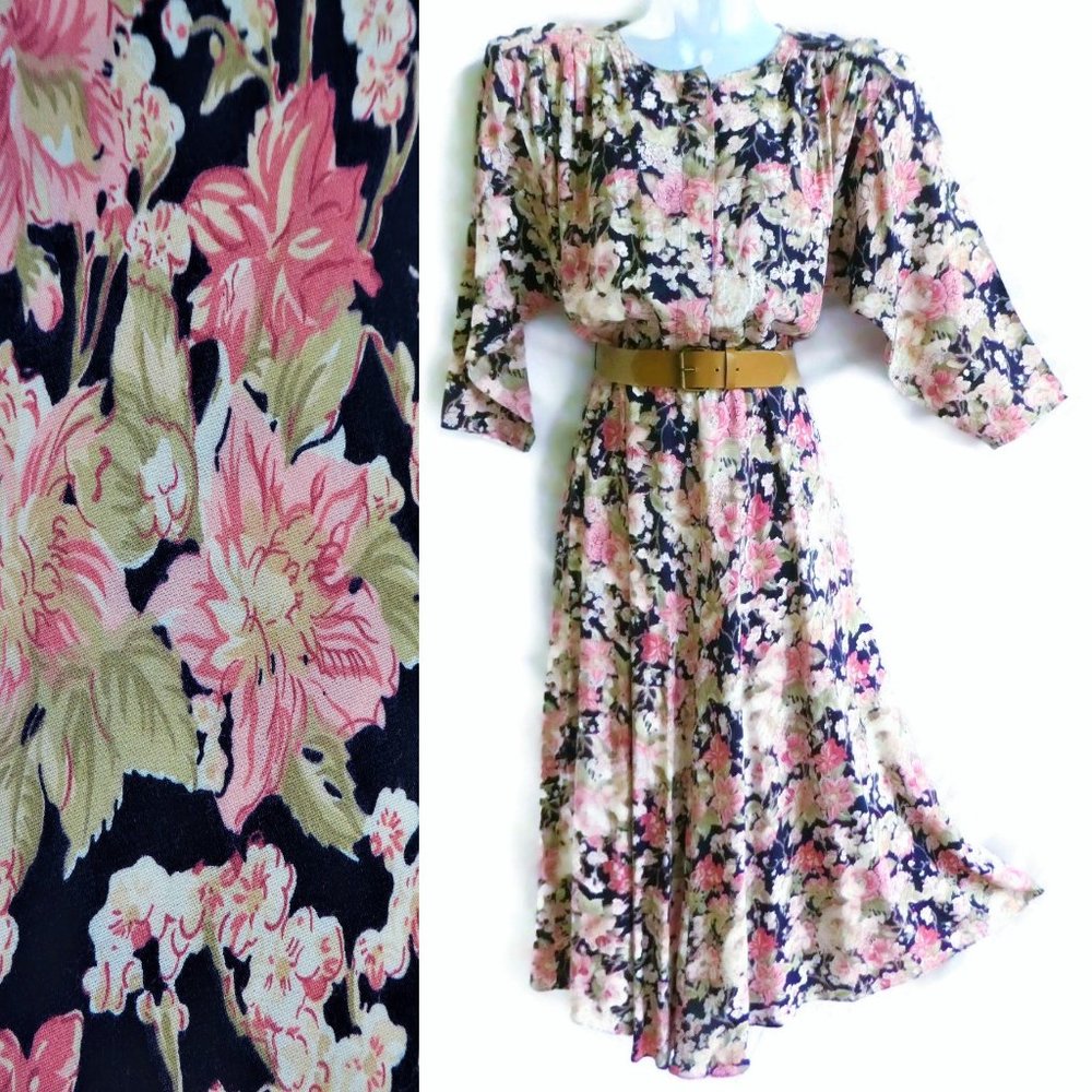 Nina Piccalino 80s Dress Floral Shirtwaist Hidden Button Panel Flared L
